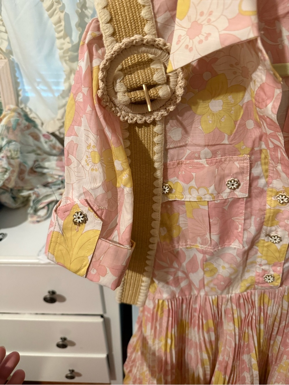 Womens Pink and Yellow Floral Pleated Shirt Dress - Picture 4 of 4